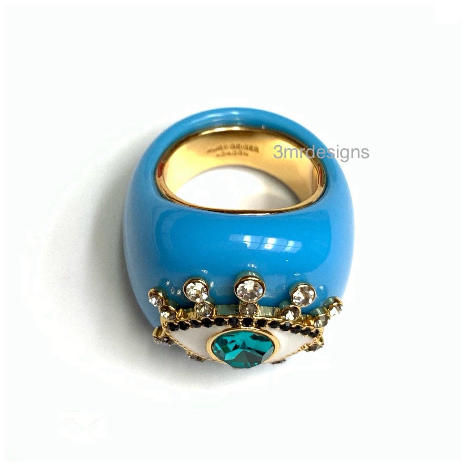 NIB KURT GEIGER LONDON Evil Eye Gold Tone Faceted Crystals Resin Dome Ring-Sz.9