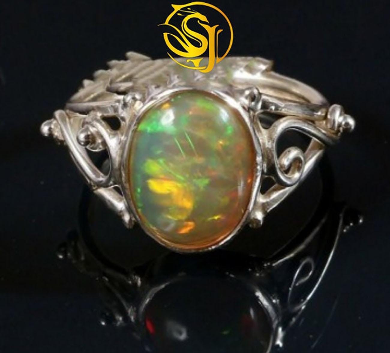 Natural Opal Oval Sterling Silver Ring – Handmade Statement Jewelry Ring