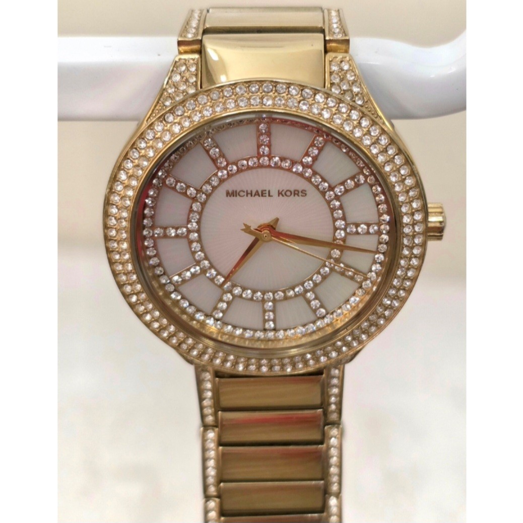 Michael Kors Gold Tone Crystal Pave Mother of Pearl MK Bracelet Watch