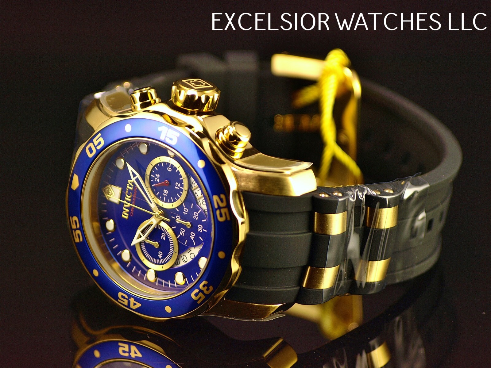 Invicta Mens 48mm PRO DIVER SCUBA Chronograph BLUE Dial 18K Gold Plated SS Watch