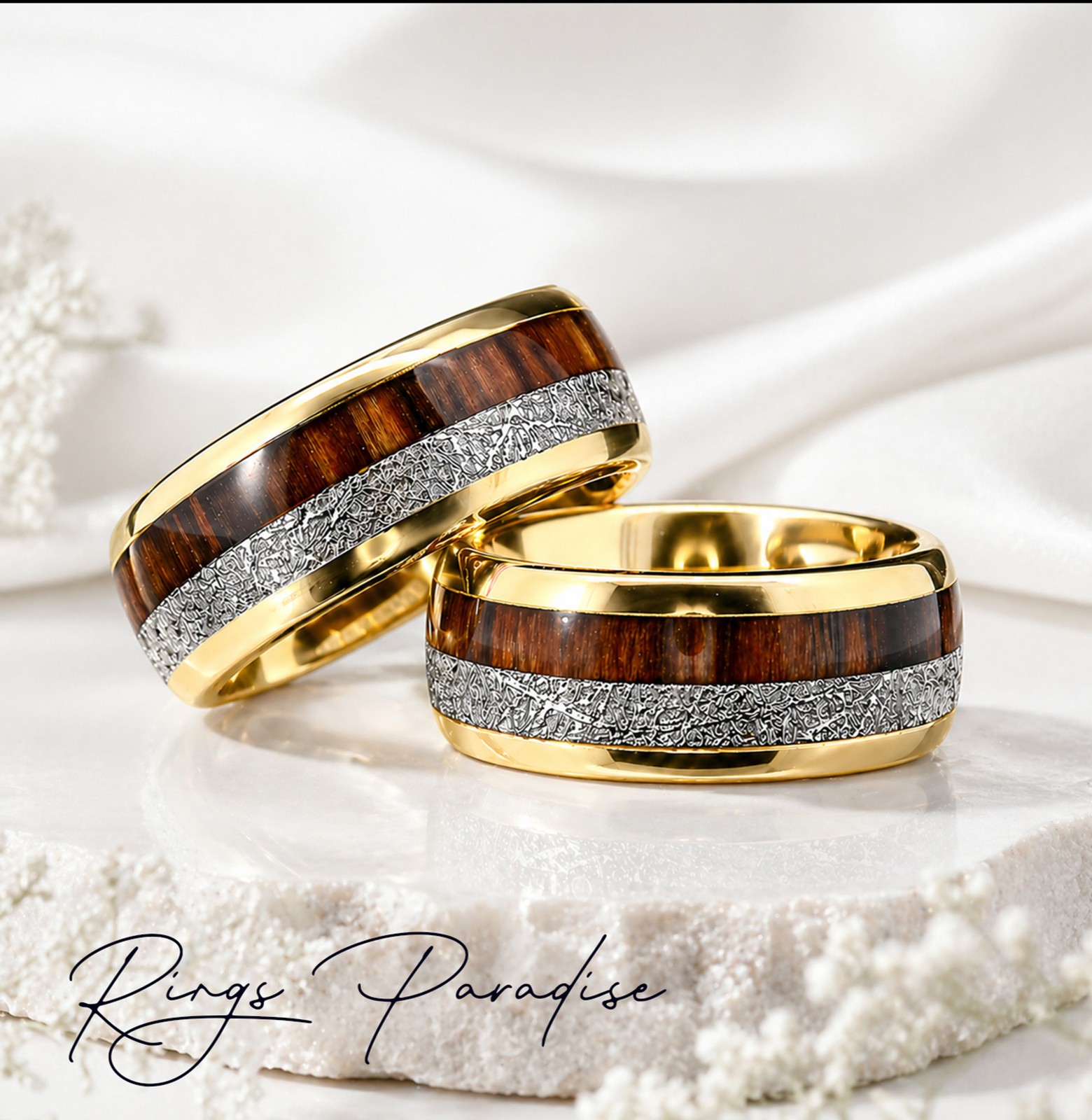 Yellow Gold Tungsten Ring 6mm 8mm | Wood Meteorite Inlay Band