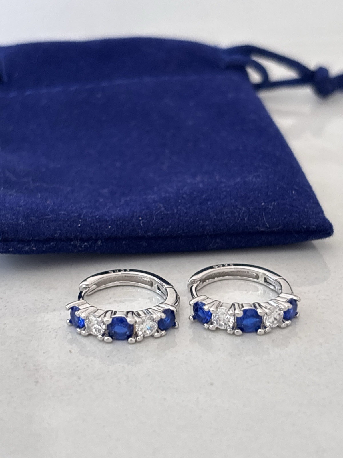 Sterling Silver Blue Sapphire CZ Huggie Hoop Earrings 925 Cubic Zirconia Gift