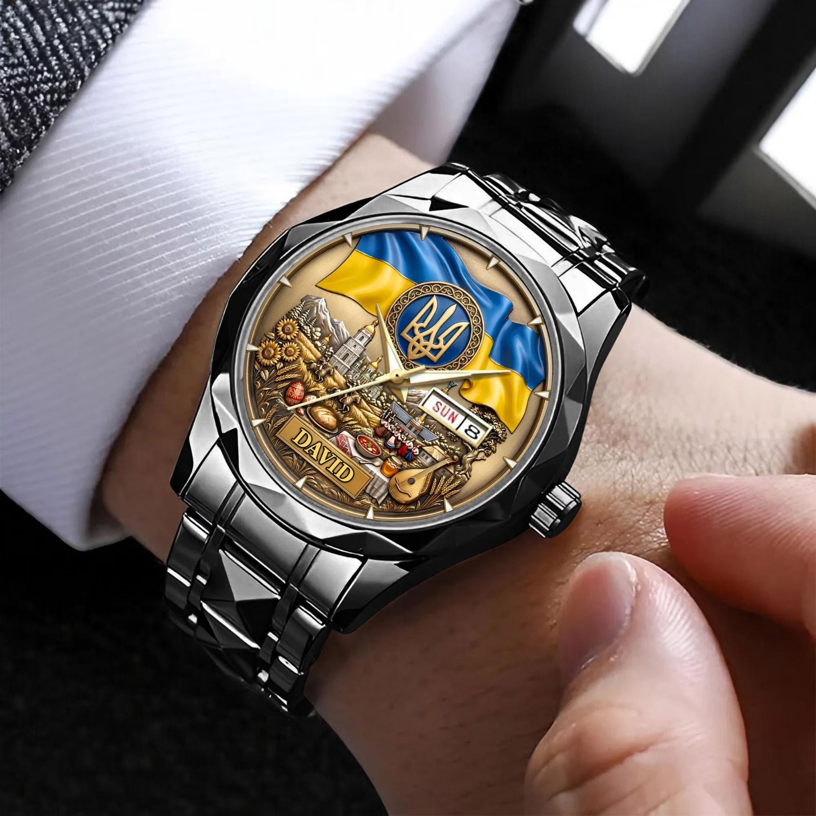 Ukraine Patriotic Watch Personalized Trident Flag Gift Unique Jewelry for Men