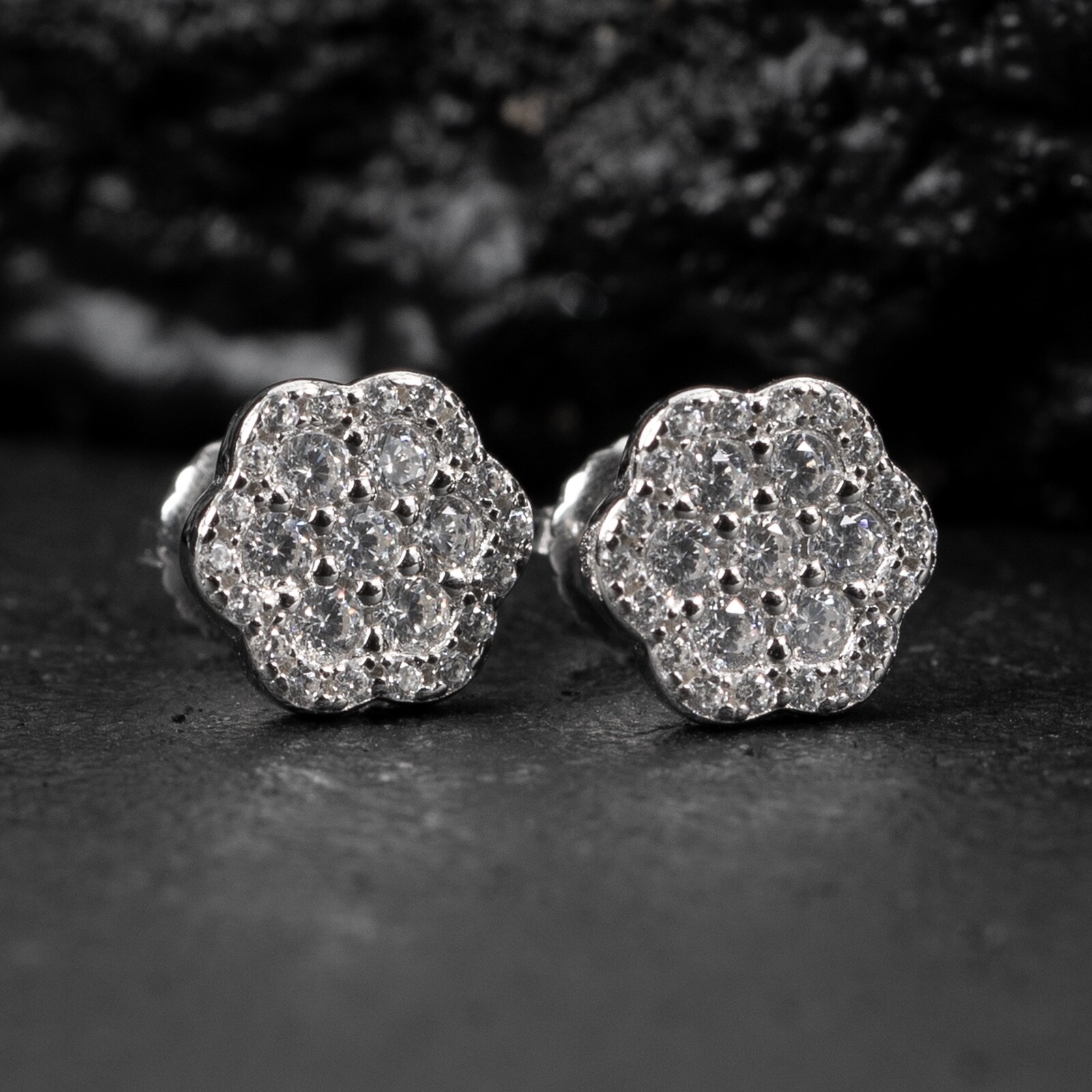 White Gold Plated Men’s Sterling Silver Iced Flower Cluster Stud Earrings