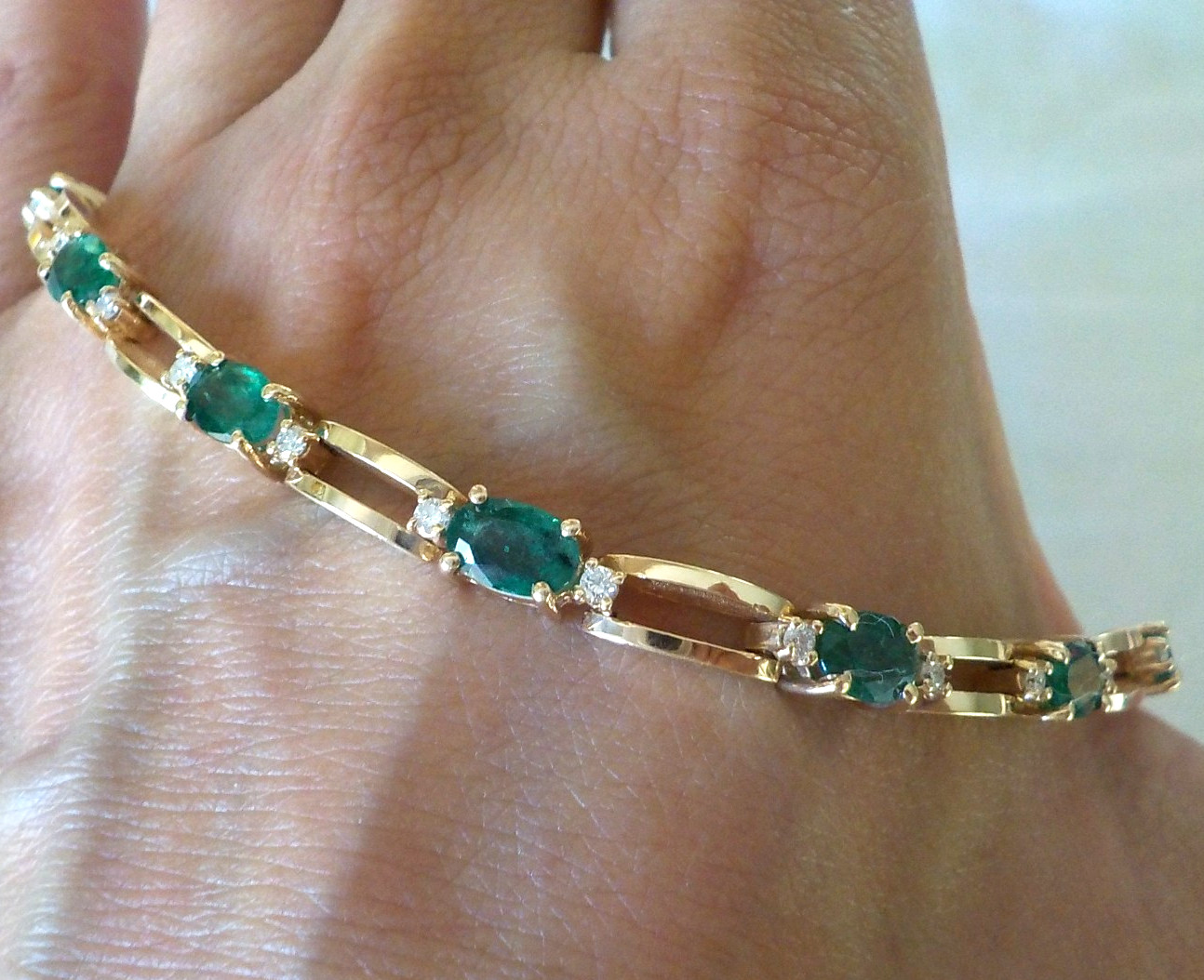 Heavy 14K Yellow Gold Natural Emerald Diamond Bracelet – 12.90 gms, 7.1 in, 5+ct