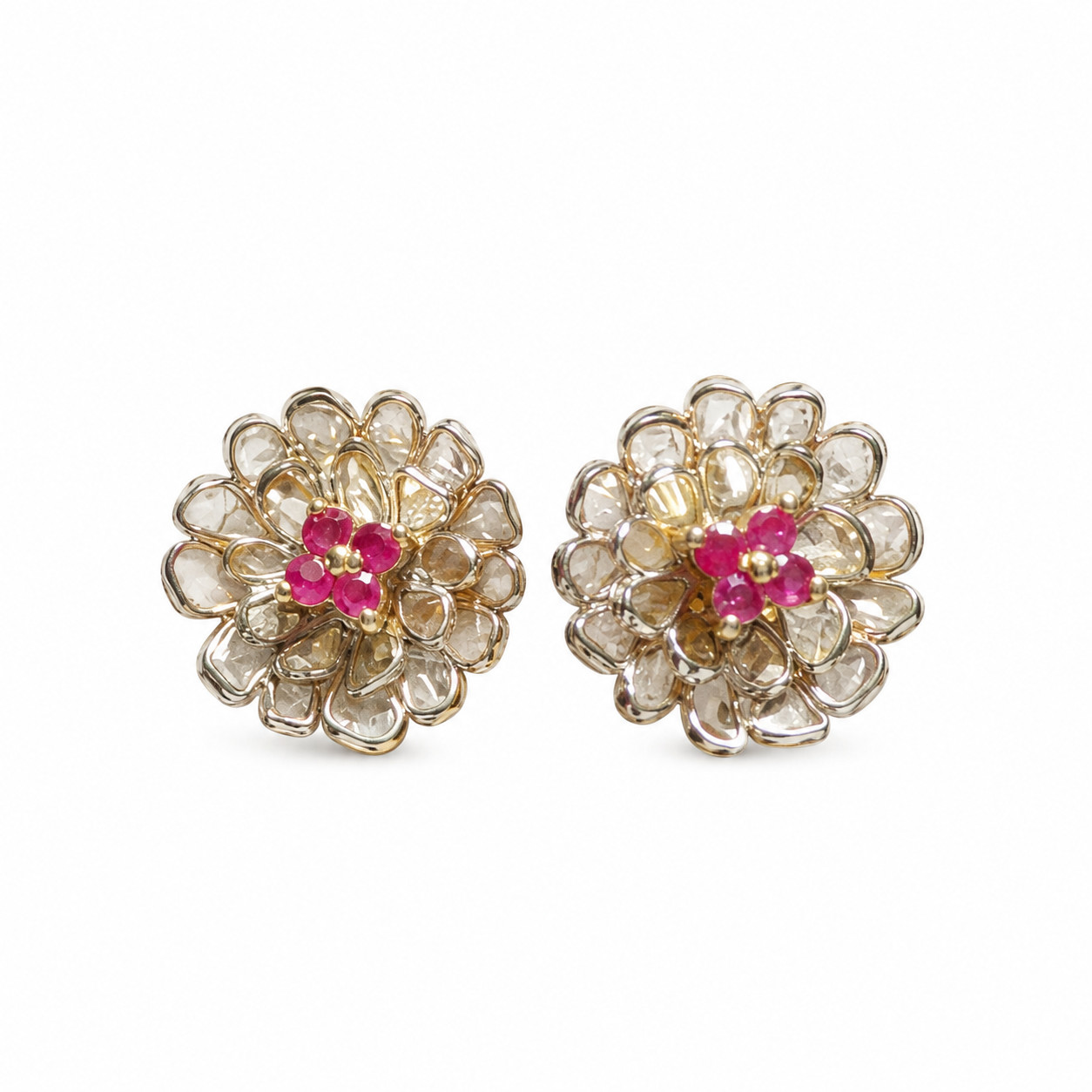 Polki Floral Stud Earrings Pink Tourmaline Gold Plated Indian Wedding Gift