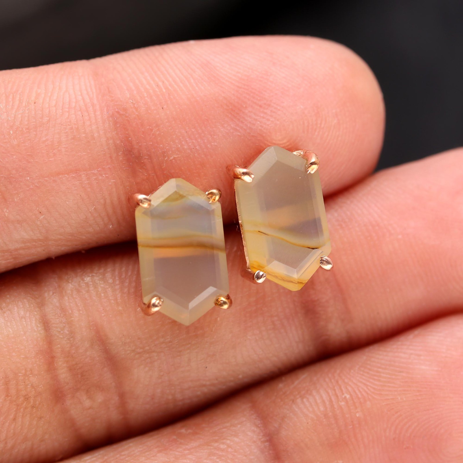 Natural Montana Agate Hexagon Stud Earrings Rose Gold Fill Solid Silver Jewelry