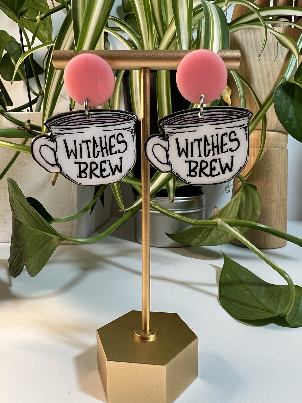 Pink & White Witches Brew Dangle Earrings- Cute Emo Witchy Earrings