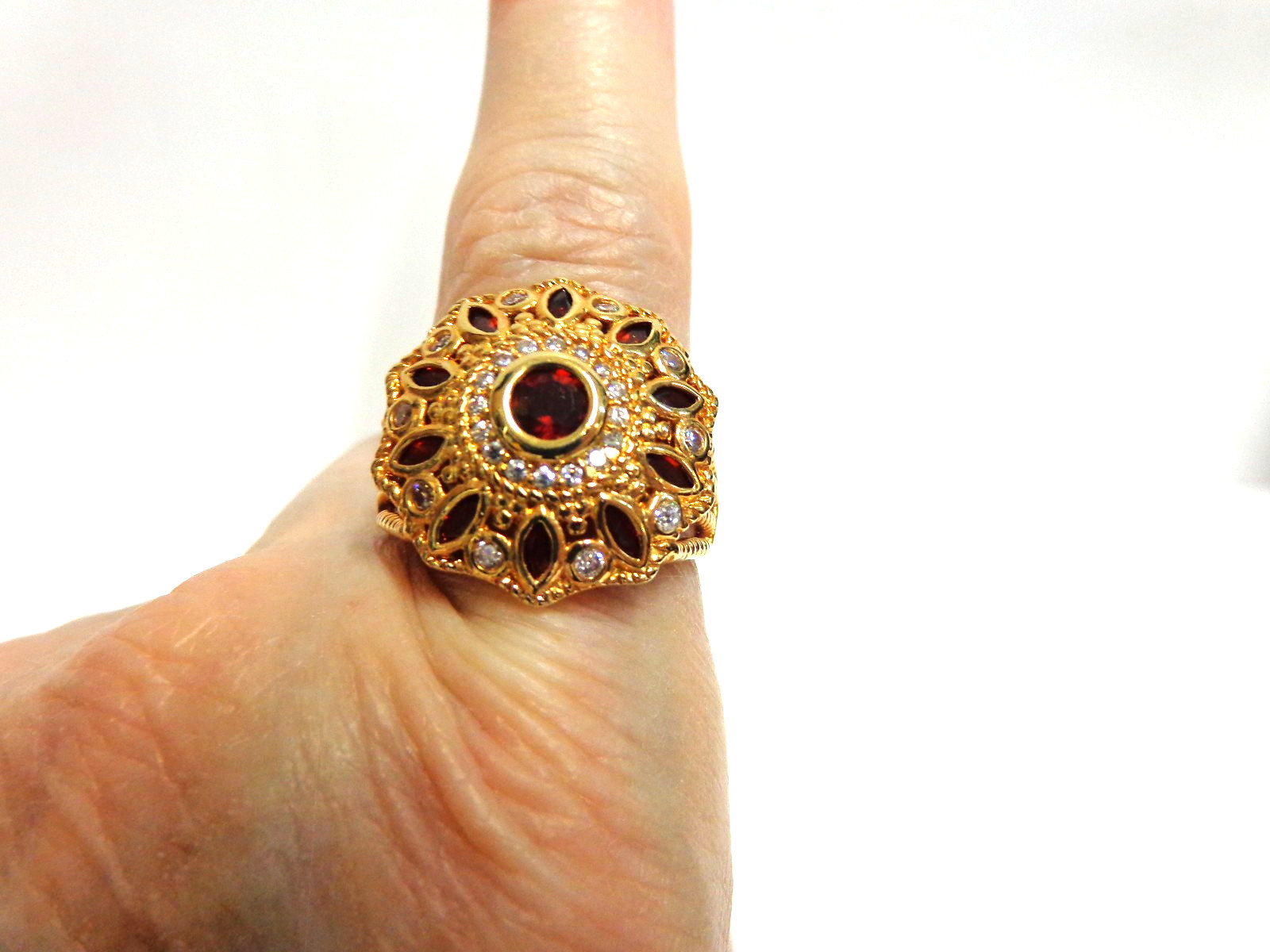 Sterling Silver y gold overlay ring w/red/white stones sz 10 wgt 6.9 gramsbyUTC