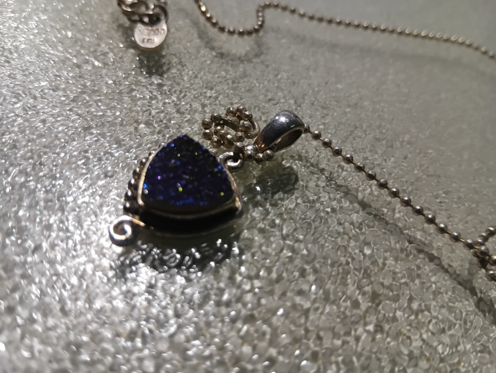 Silver Metal Blue Crystal Triangle Pendant Charm Necklace Ball Chain, Signed