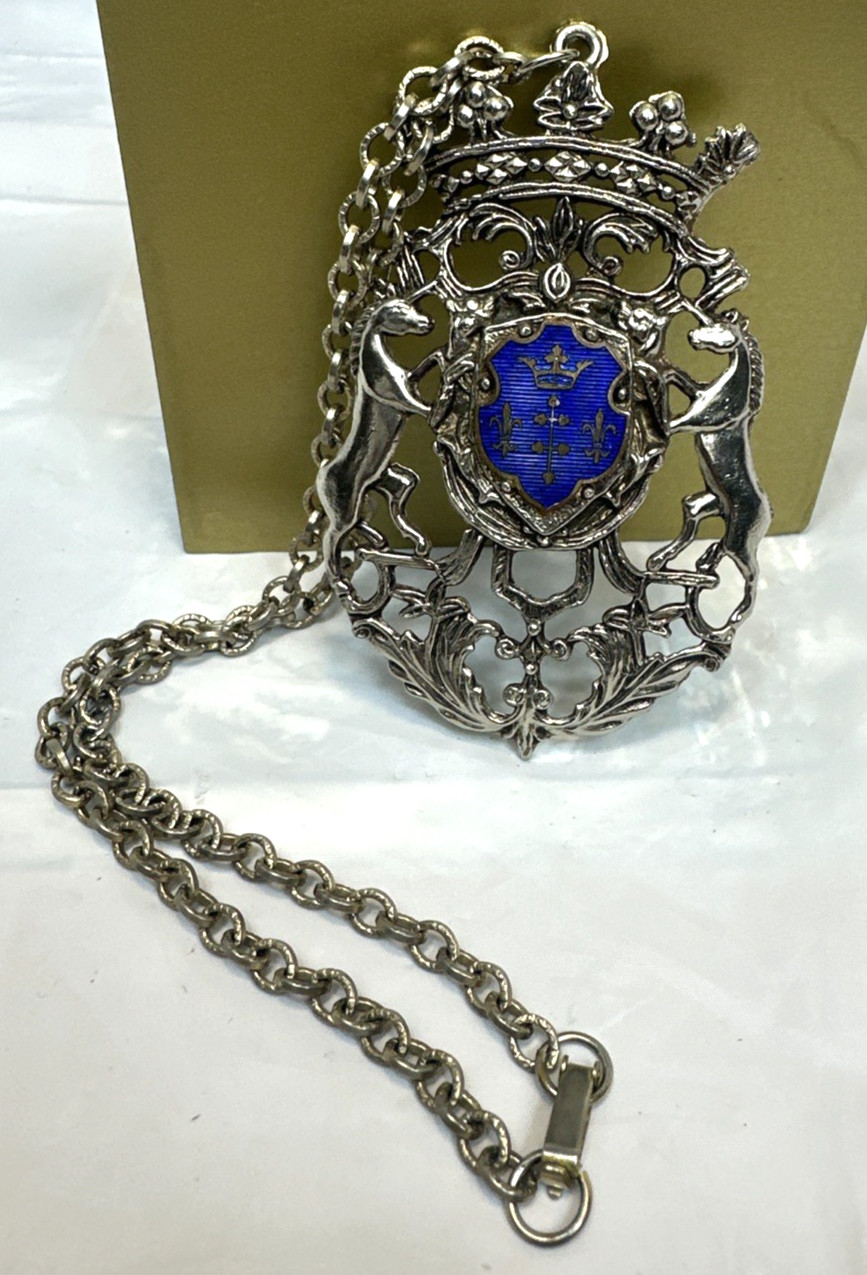 Vintage Heraldic Coat of Arms Pendant Necklace Blue Shield Lions Crown Gothic