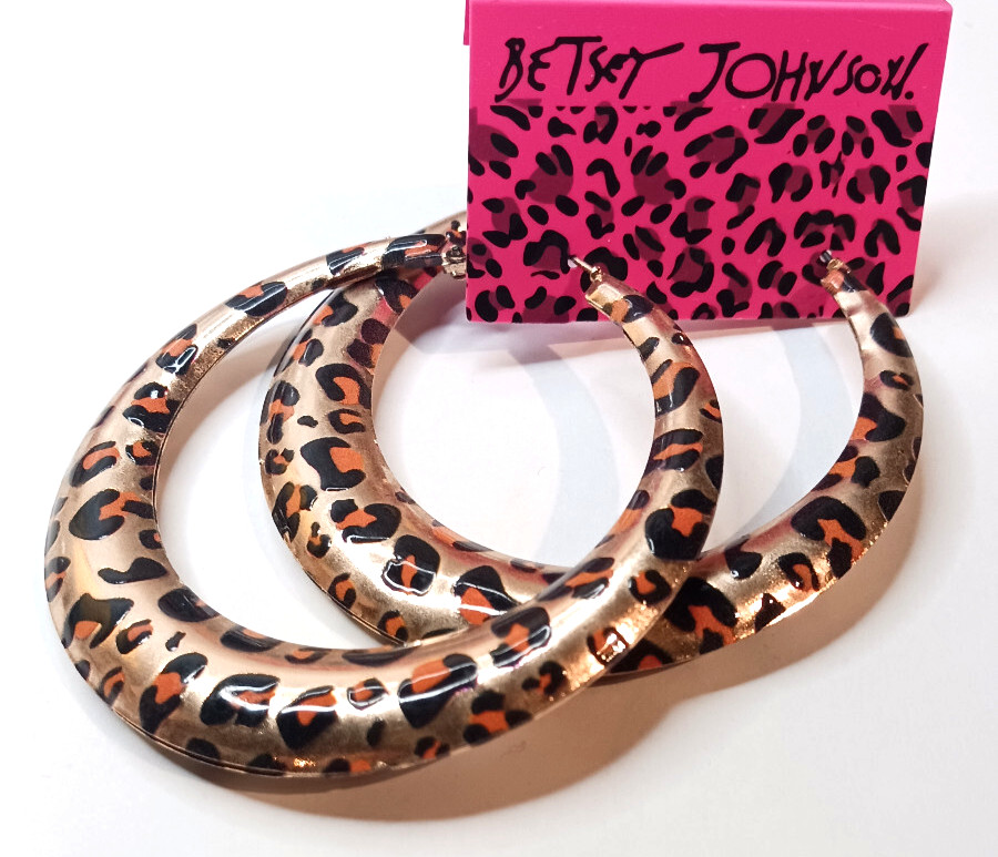 Big LEOPARD Animal Print HIP HOP Gold HOOP Leverback Betsey Johnson Earrings