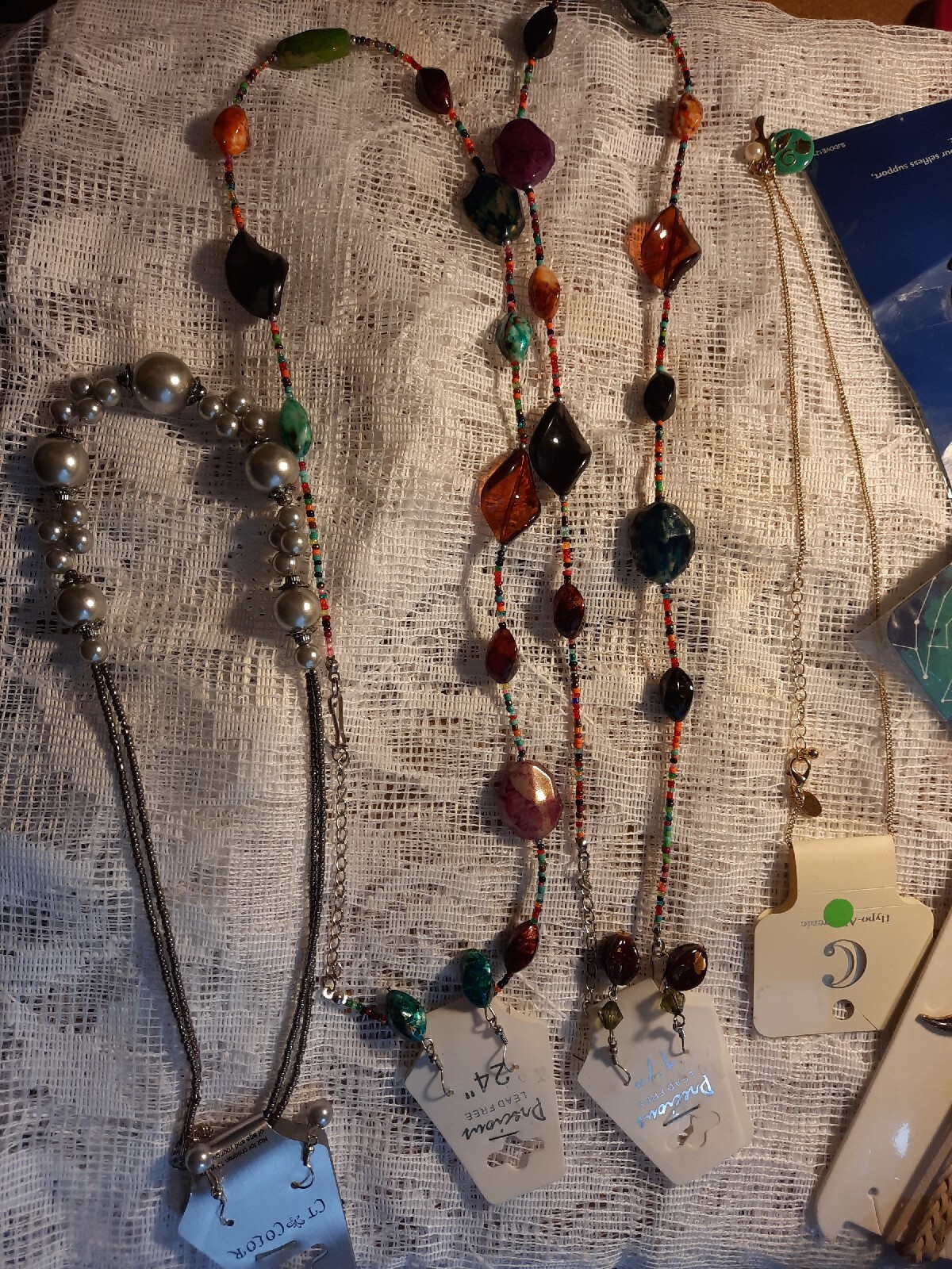7 New In Package Necklaces,Some W/ Earrings. Pretty Sets, Unusual. Size Varies