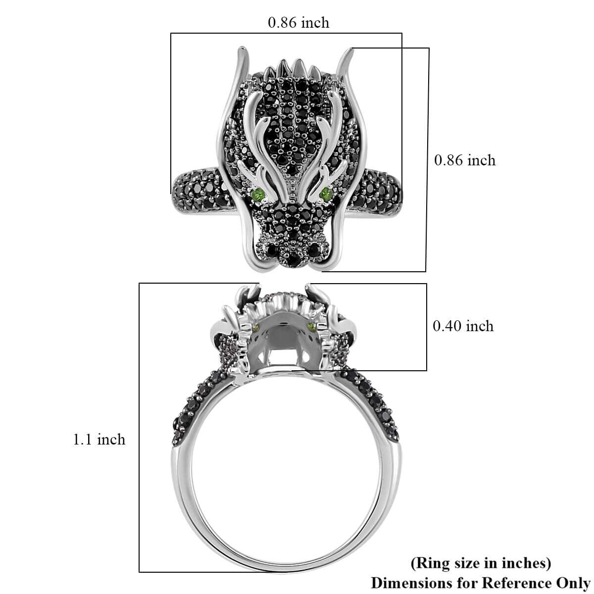 1.20ctw Black Spinel & Chrome Diopside Dragon Head Ring Rhodium Plated Size 7