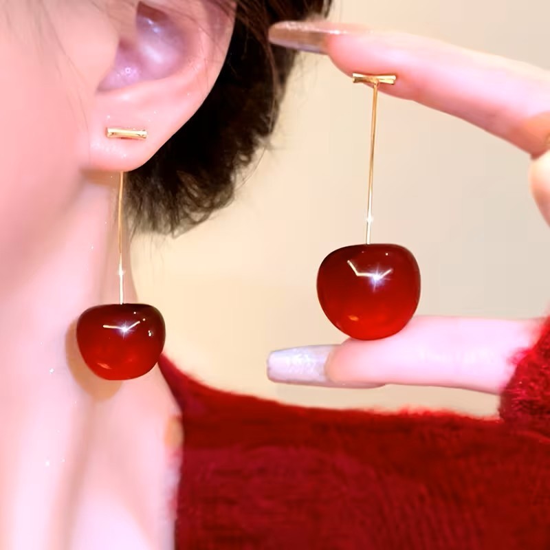 Sweet Red Cherry Dangle Earrings Cute Fruit Drop Statement Fashion Jewelry