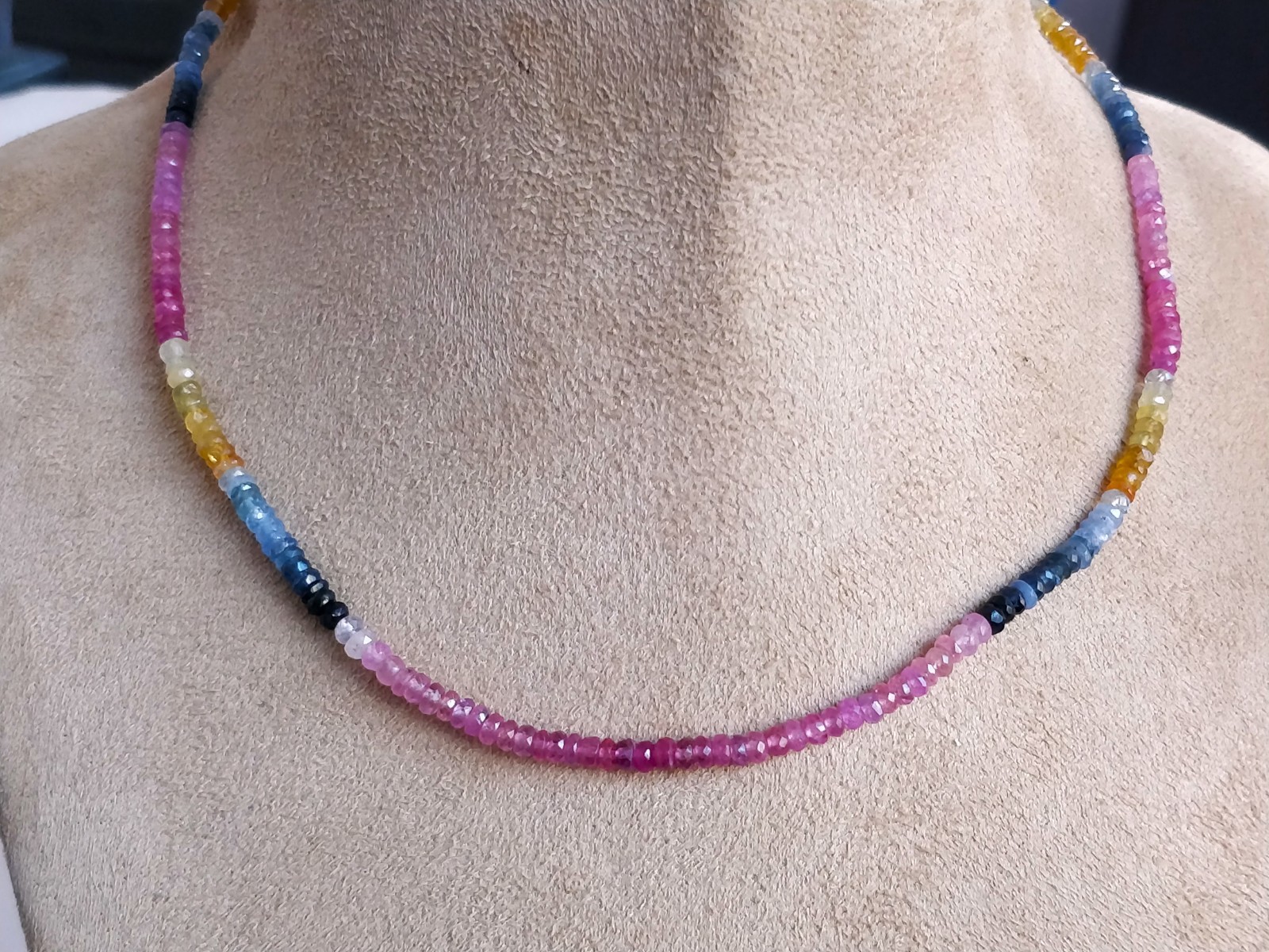 Natural Multi Sapphire beaded necklace multi colored gemstones faceted beads
