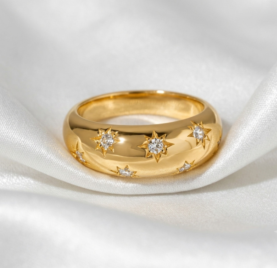 CZ Diamond Starburst Ring,Celestial Band Ring,Chunky Star Ring