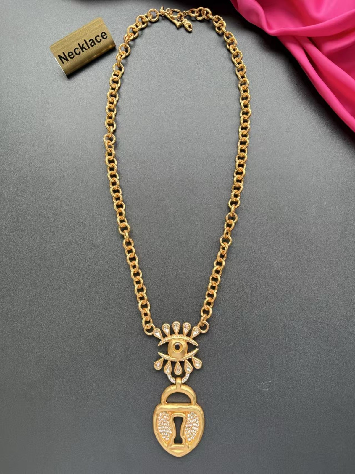 Devil’s Eye Keyhole Crystal Necklace Sweater Chain W Dust Bag