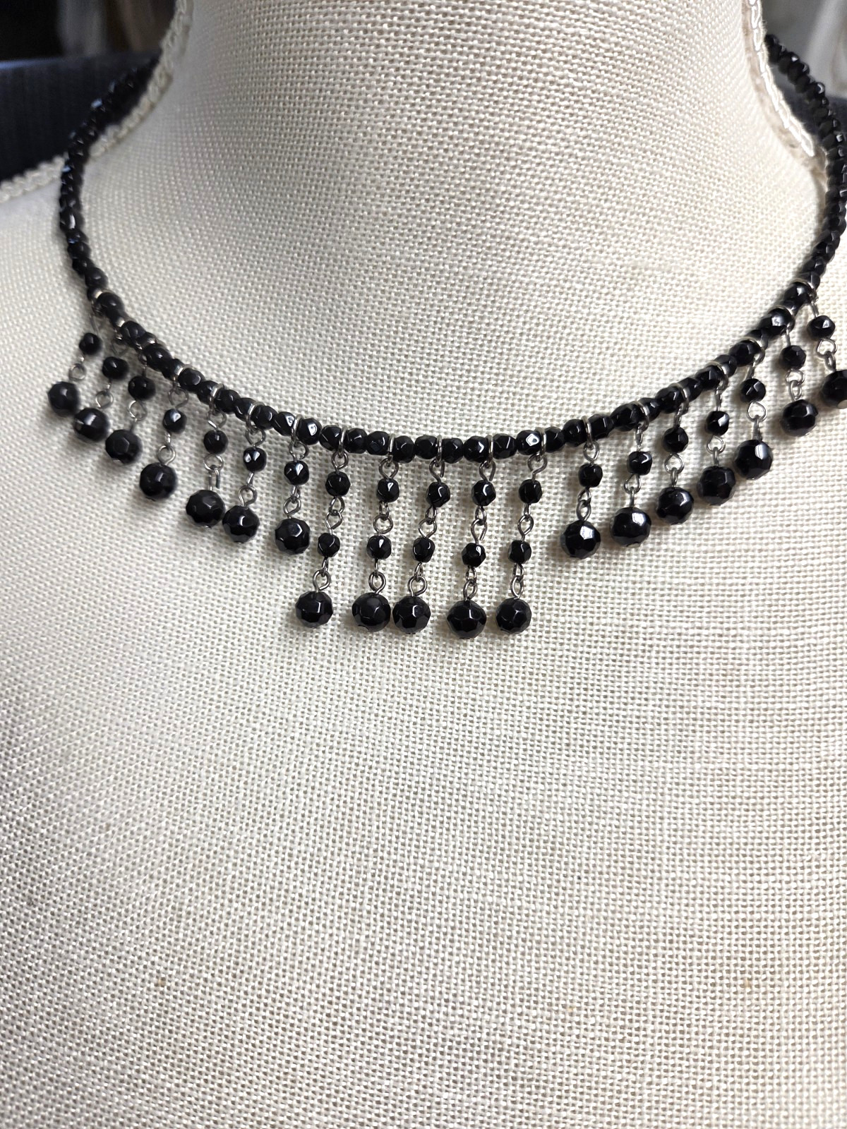 Vtg silver tone black lucite beaded Bib choker tassel Necklace