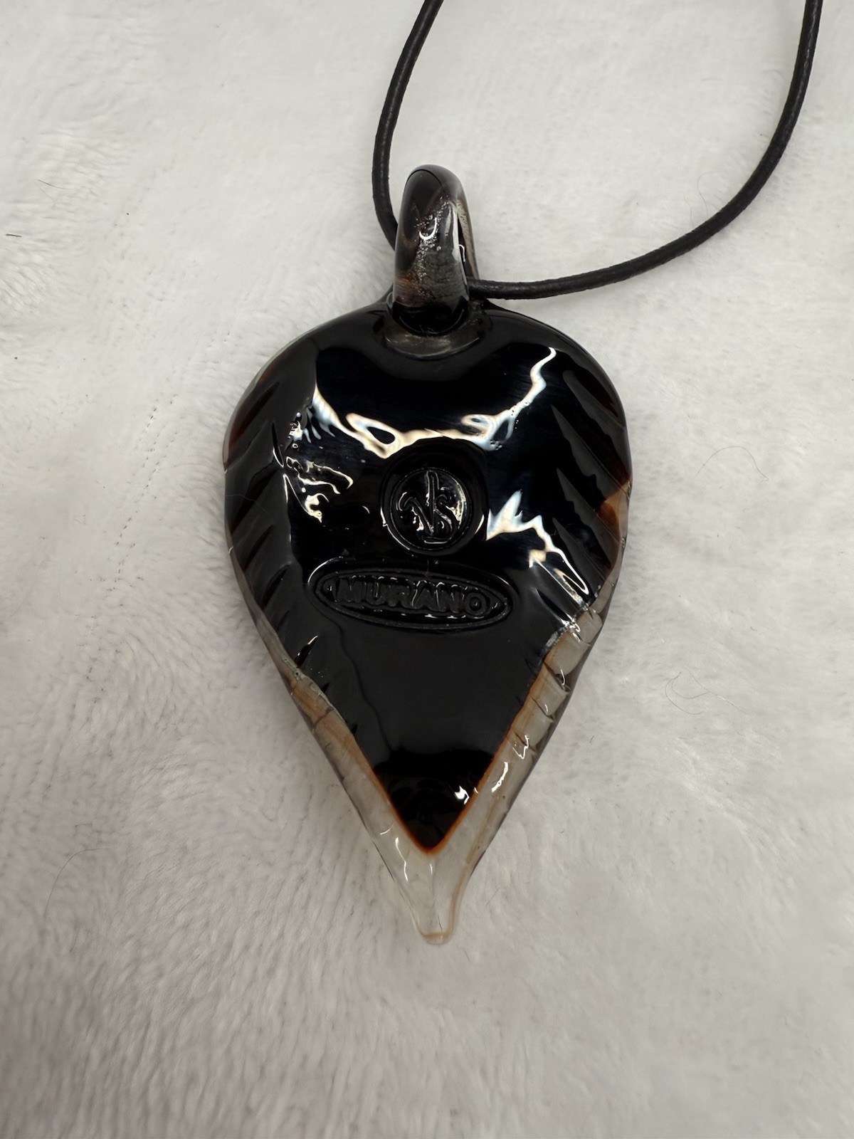 Stamped Murano “VS” Gold & Black Glass Pendant On Leather Cord w/ 925 Clasp