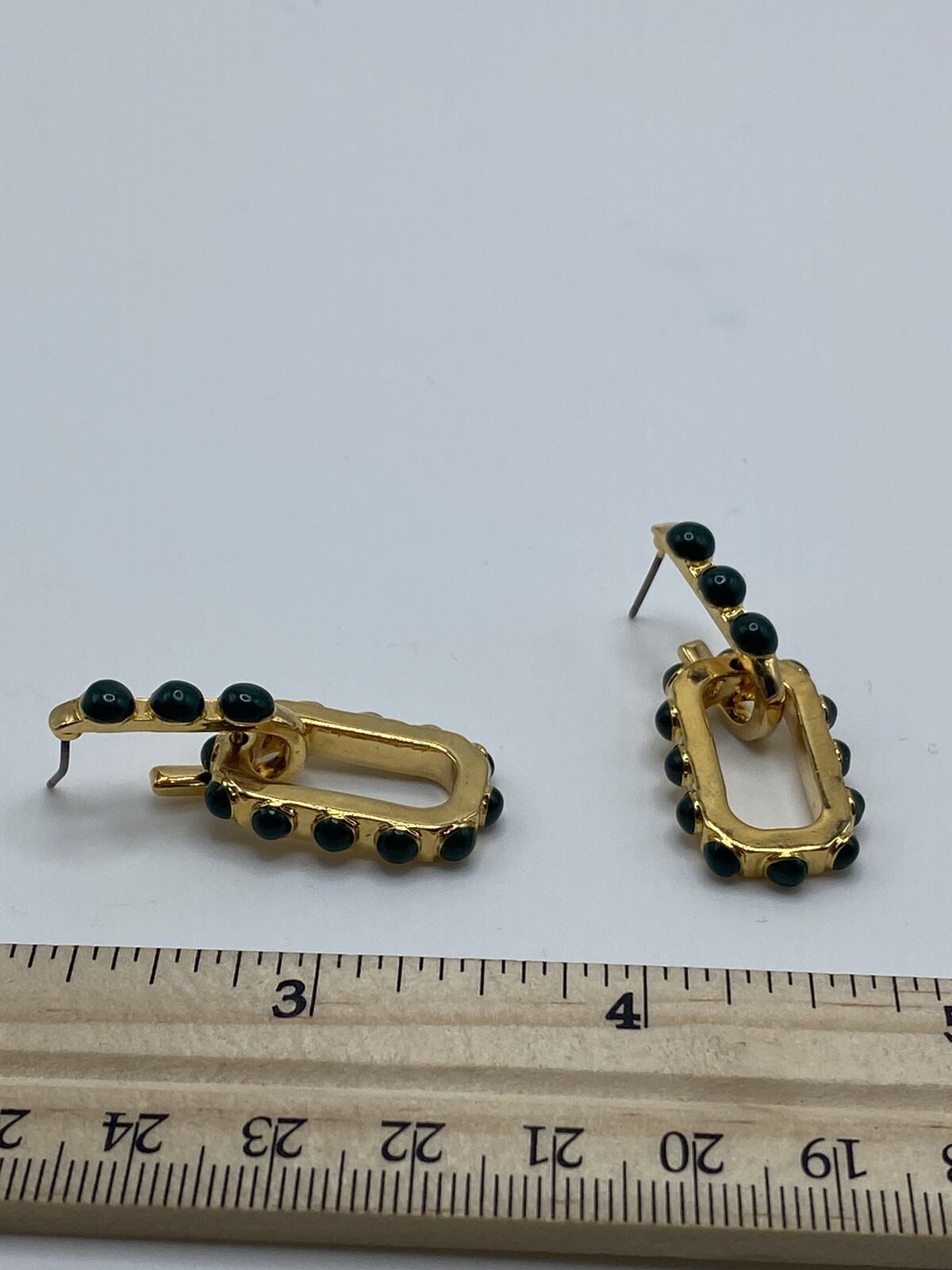 Gold Tone Double Link Chunky Rectangle Drop Earrings Green Stones 80s Statement