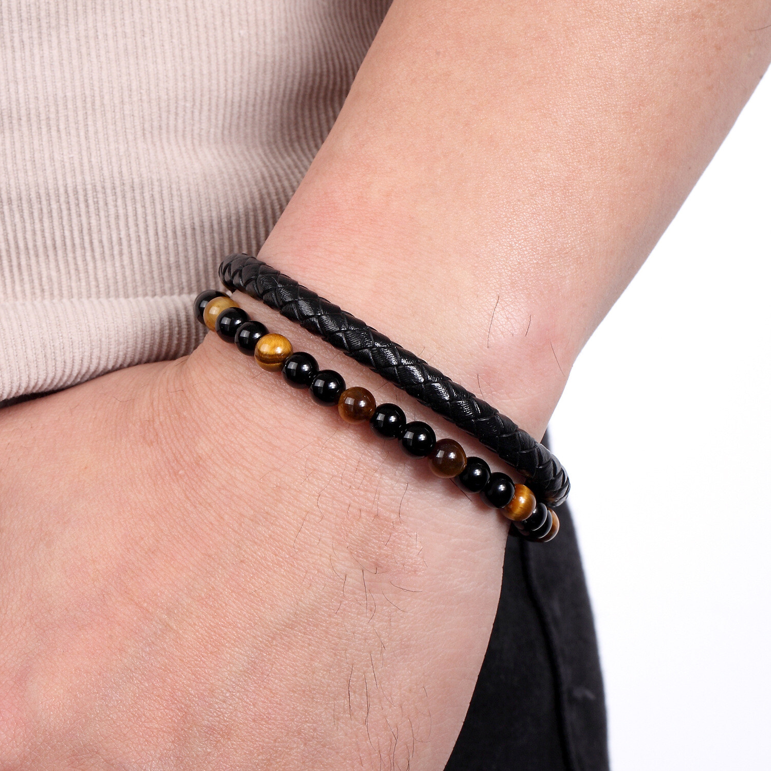 Obsidian Tiger Eye Beaded Protection Strength Healing Men Leather Bracelet Gifts