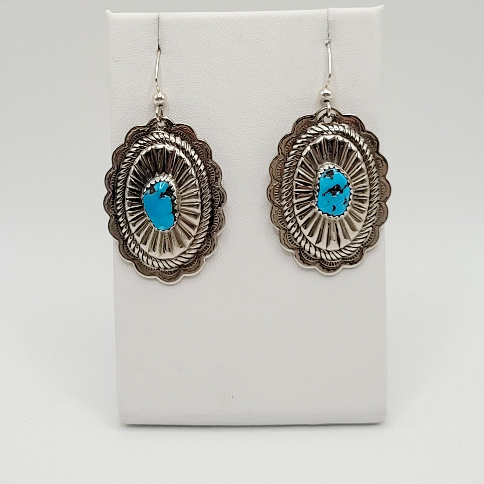 Southwestern Style Silver Tone Turquoise Concho Dangle Pierced Hook Earrings