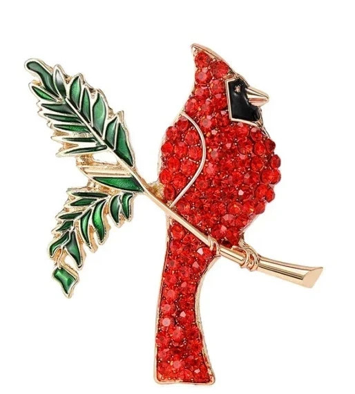 Luxury Christmas Northern Cardinal Red Bird Brooch Crystal Rhinestone Animal Pin