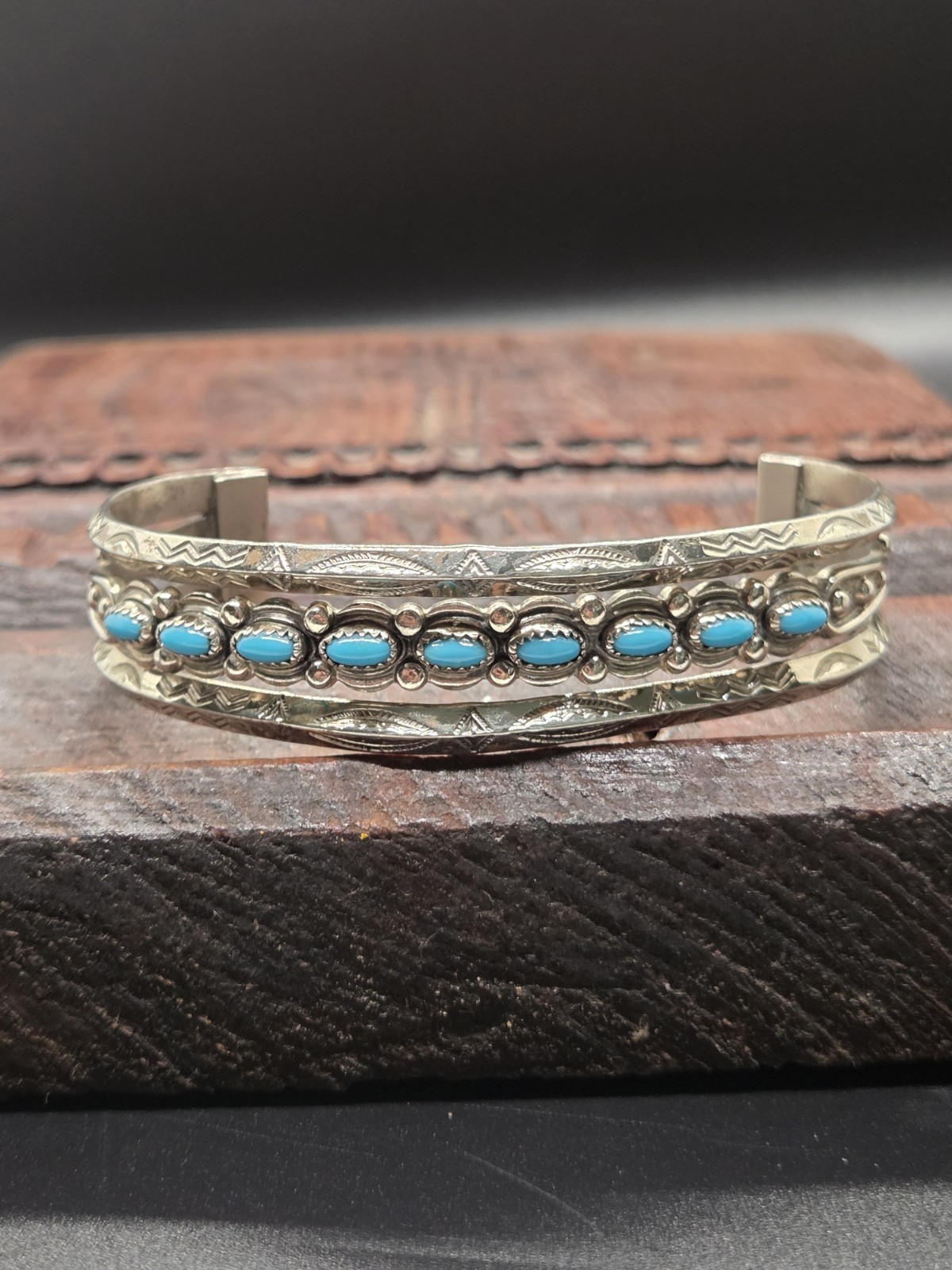 Vtg NICKLE SILVER BELL TRADING POST Southwest Navajo TURQUOISE Cuff Bracelet