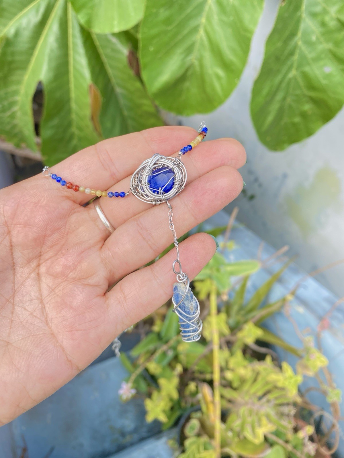 Handcrafted Wire Wrapped Blue Tanzanite Oval Pendant Beaded Necklace Steel Chain