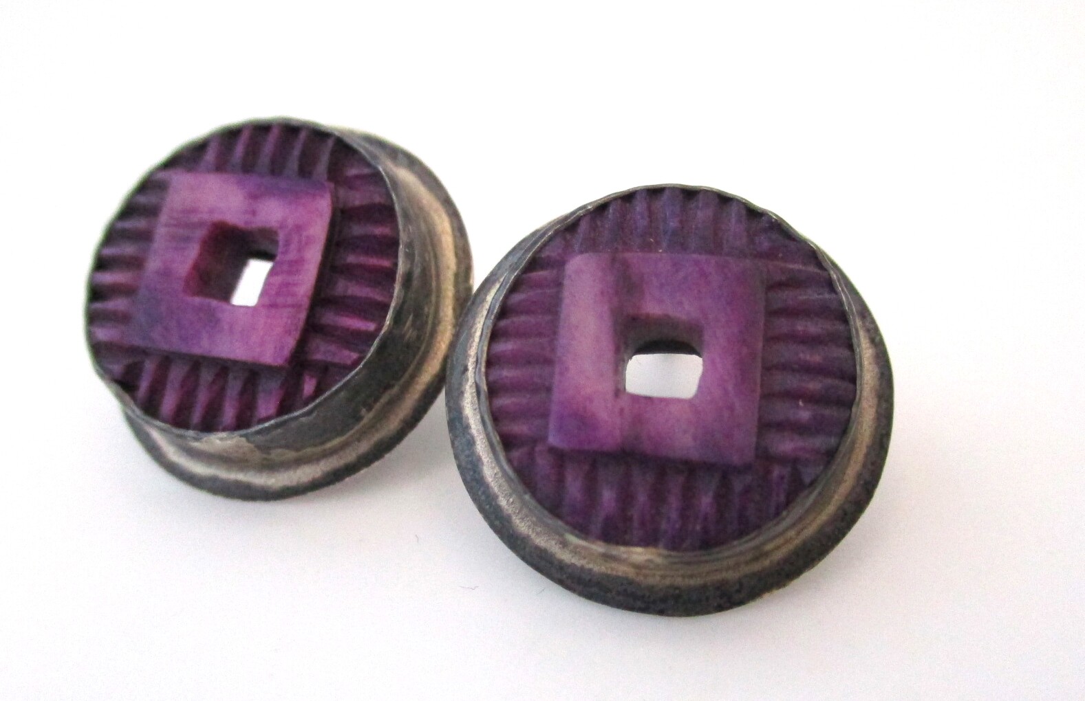 Artisan Earrings Janice Lee Ripley Silver & Carved Purple Wood Marked JLR 925 *