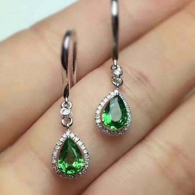 14K White Gold Plated 2Ct Pear Cut Simulated Emerald Stunning Drop Hook Earring