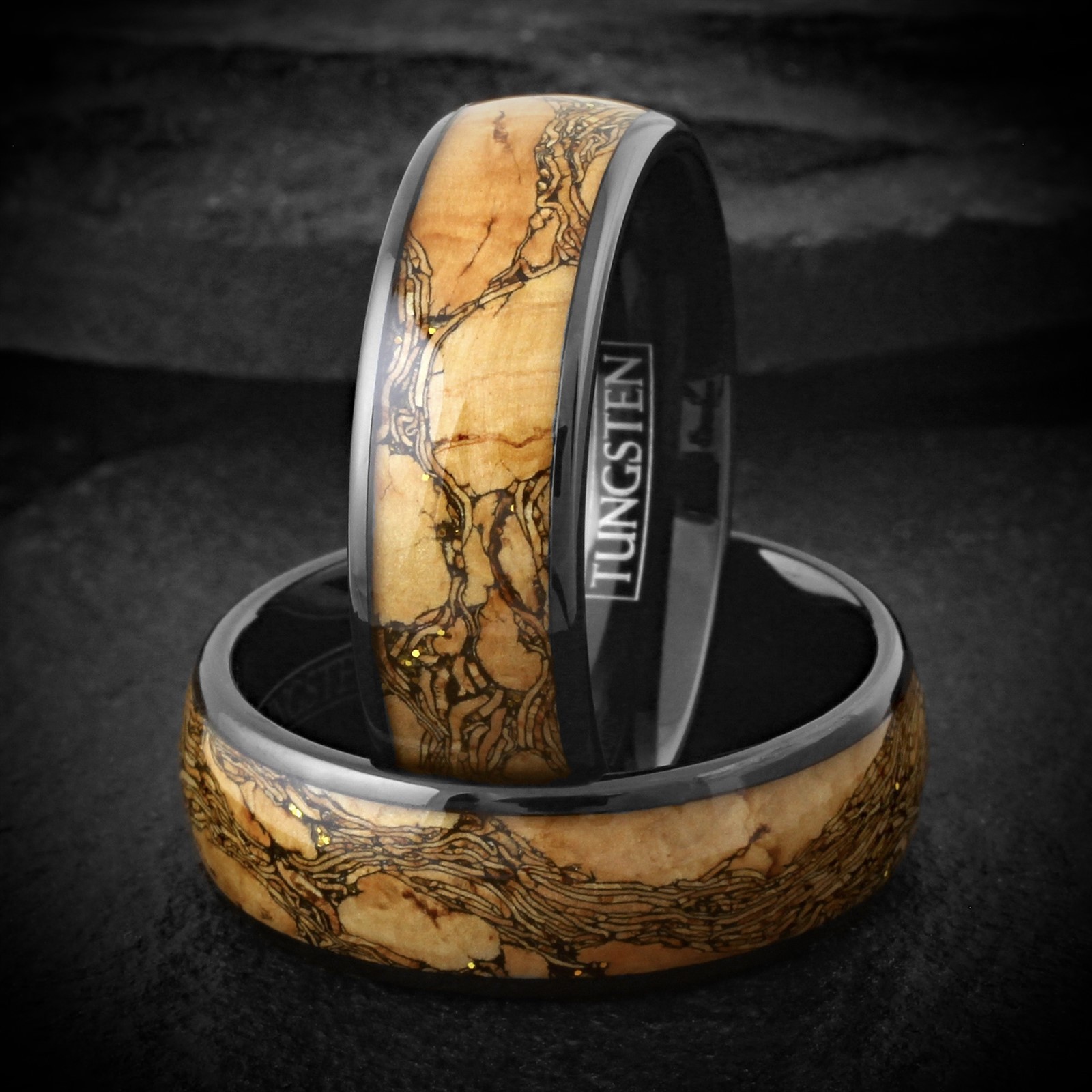 8mm Black Tungsten Carbide Wood w/ Black Grain Wedding Band Ring