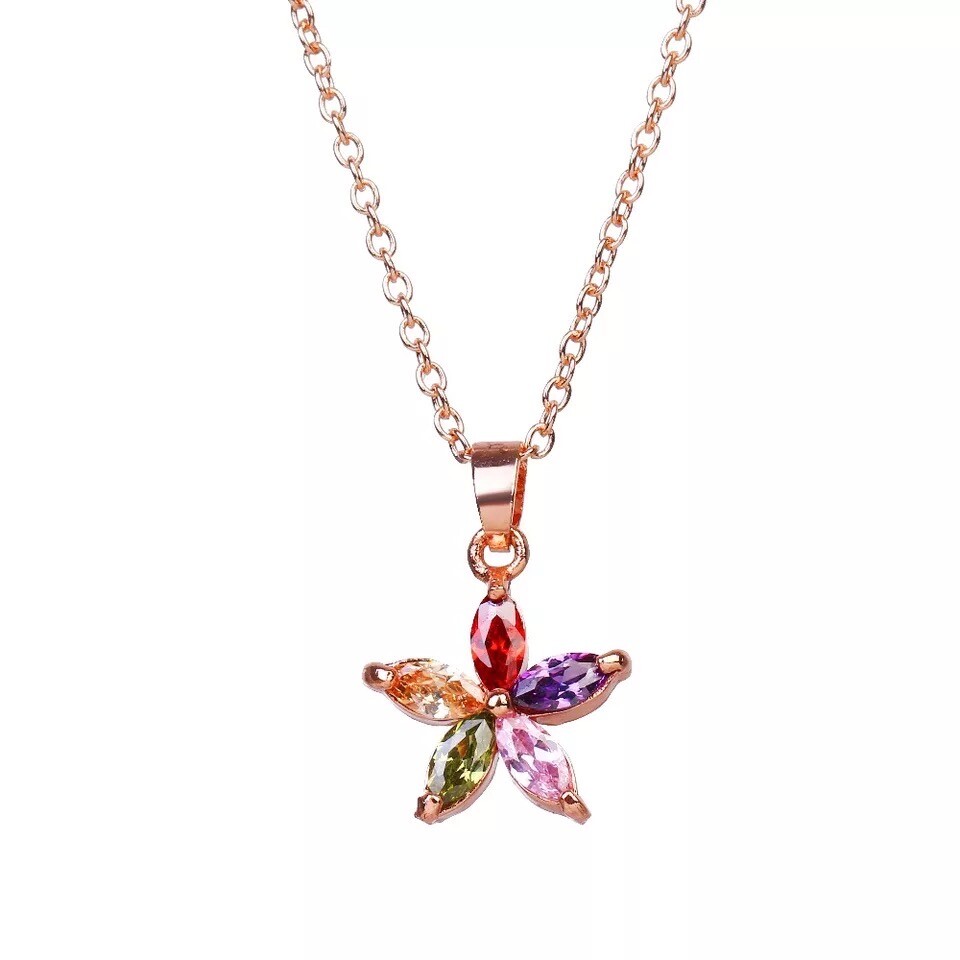 ZARD Flower Motif Pendant in Marquise-Cut Multicolor CZ and Rose-Gold Necklace