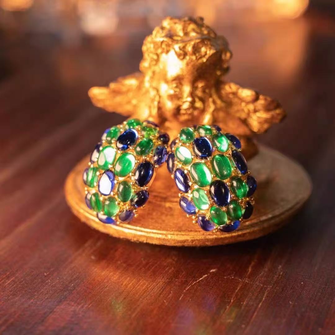 Vintage Green Blue Cabochon Necklace Earrings Set Gold Tone Statement Jewelry