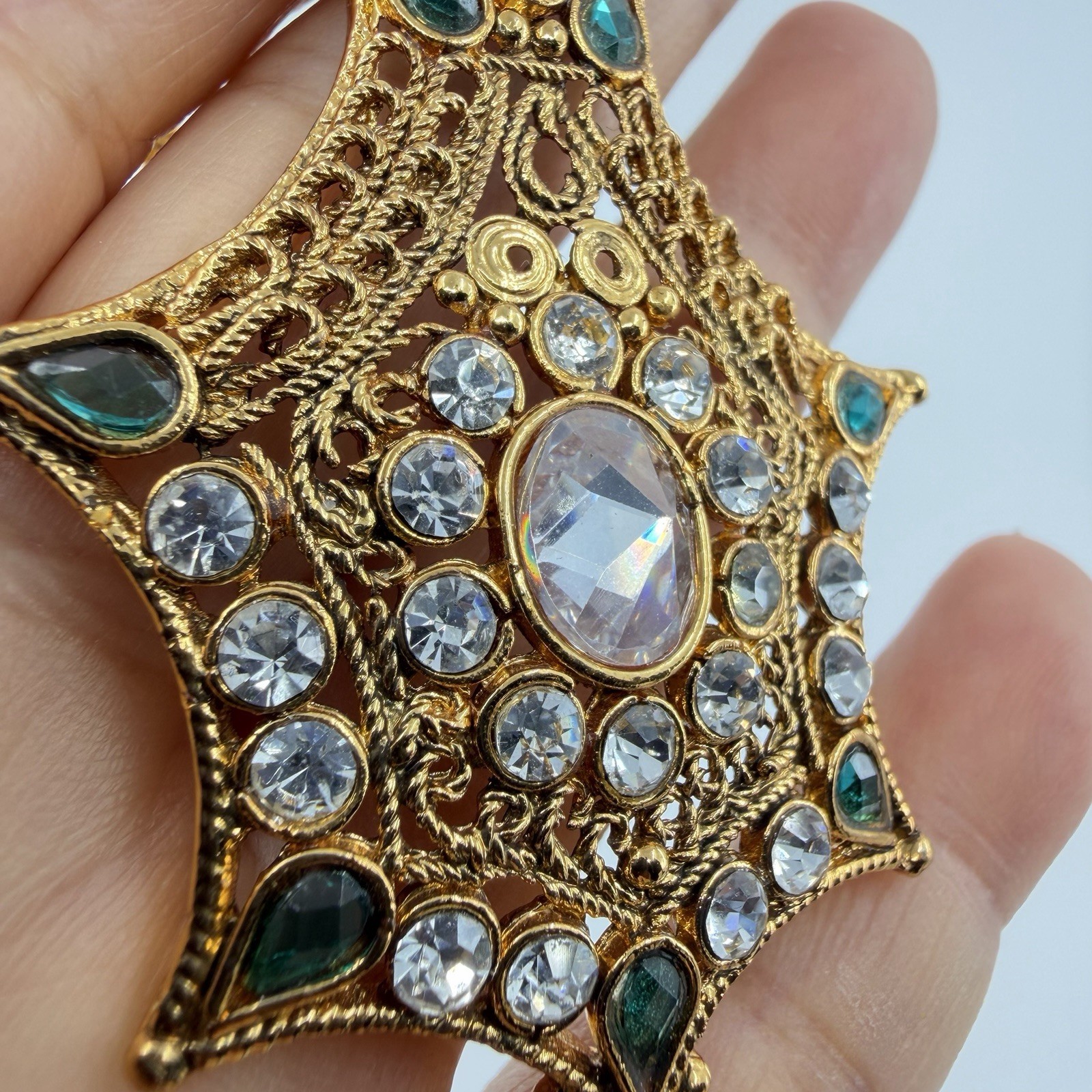 Gold Tone Ornate Multi Pointed Pendant Accented Clear Teal Rhinestone 16”