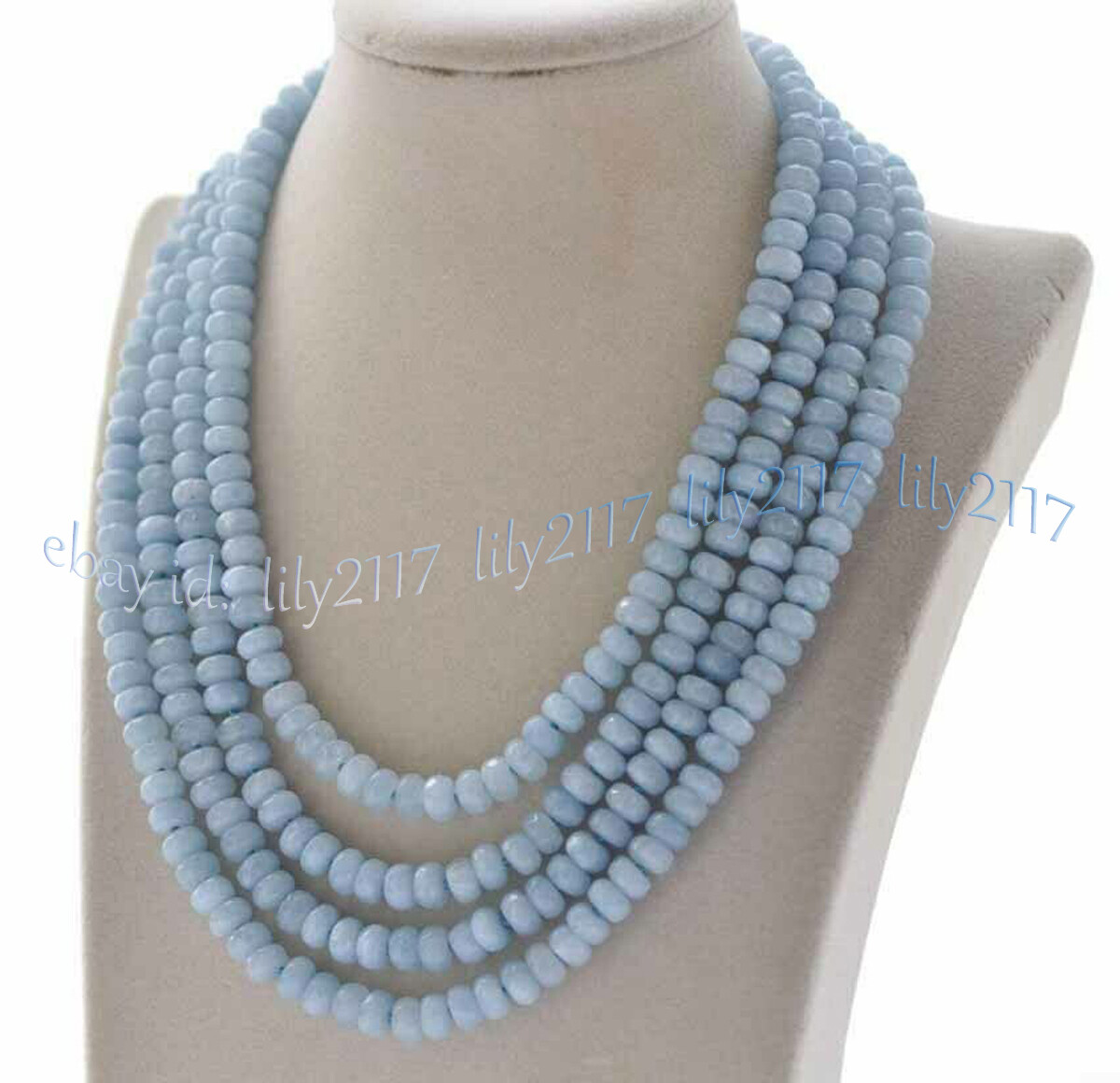 4 Rows Faceted 5x8mm Blue Aquamarine Gemstone Roundel Beads Necklaces 17-20”