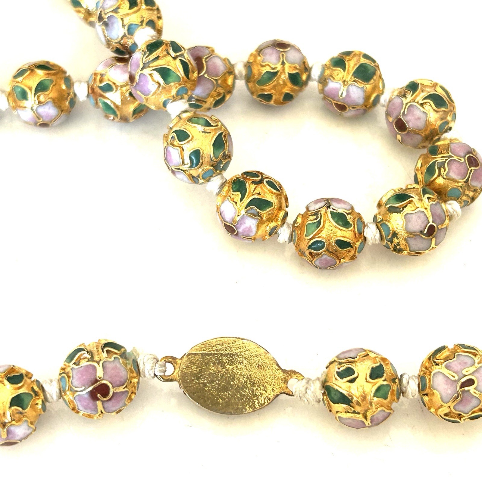 Vintage Chinese Export Cloisonne Enamel Bead Necklace Gold Tone Floral 26”