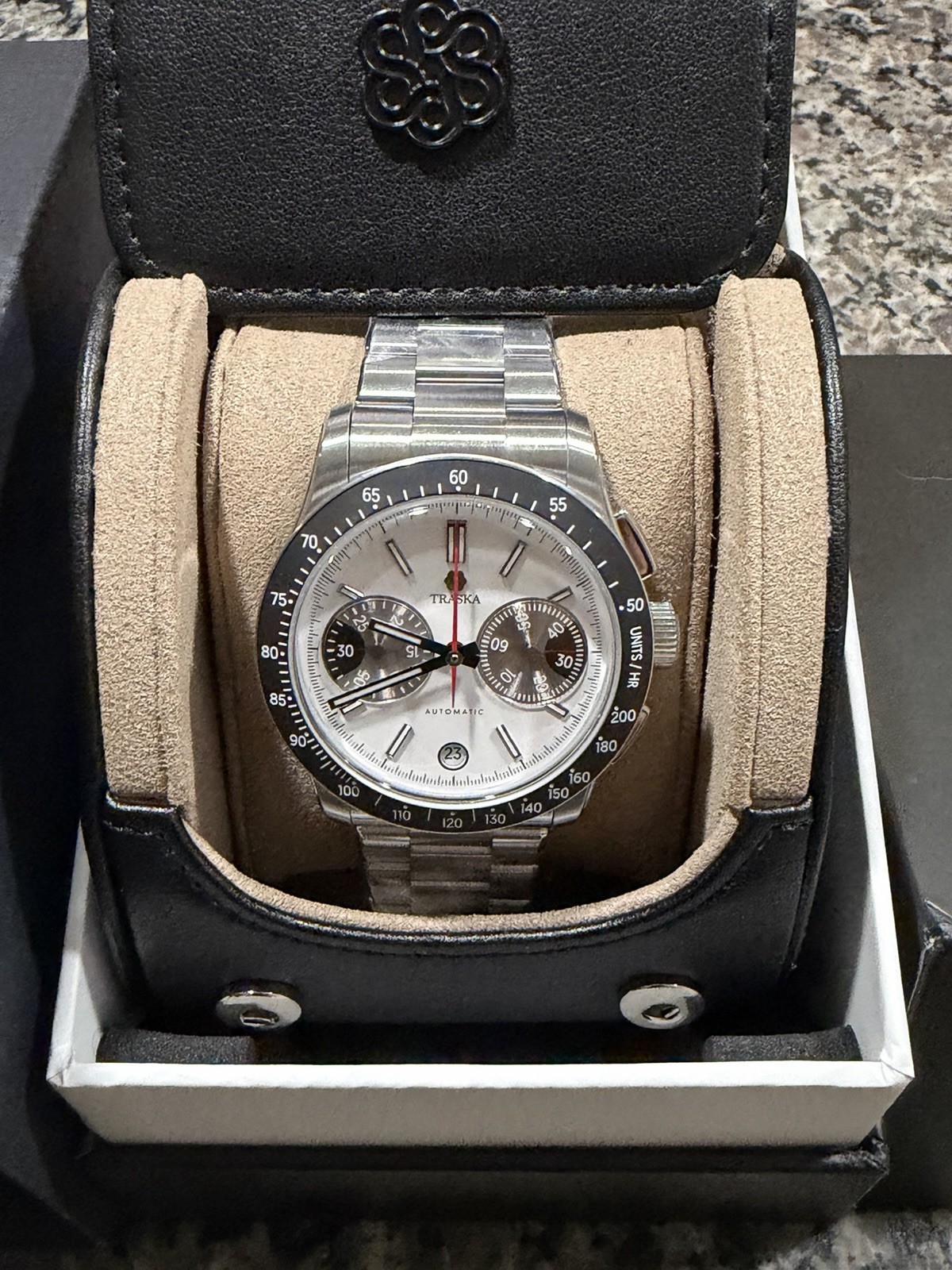 Traska Chronograph 39mm Silver Dial Automatic Date 200m Steel Bracelet Box