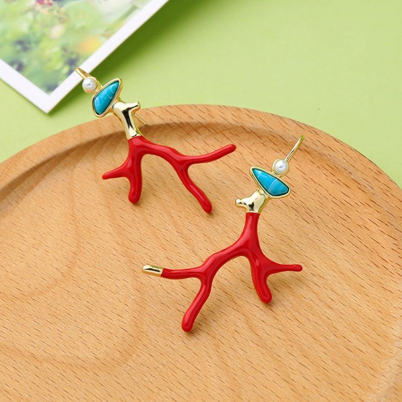 Branch Acrylic Resin Drop Earrings Red Enamel Coral Antlers Earrings
