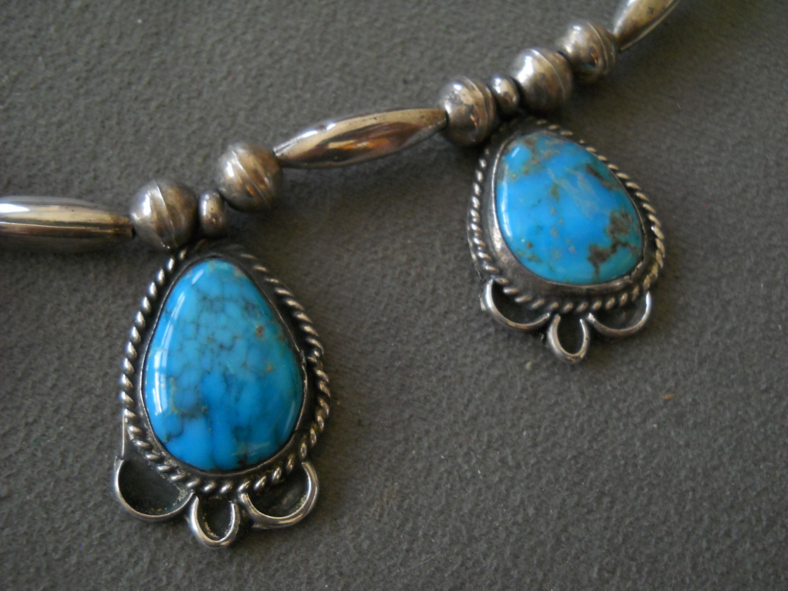 Native American Navajo Domed Rich Blue Turquoise Sterling Silver Bead Necklace
