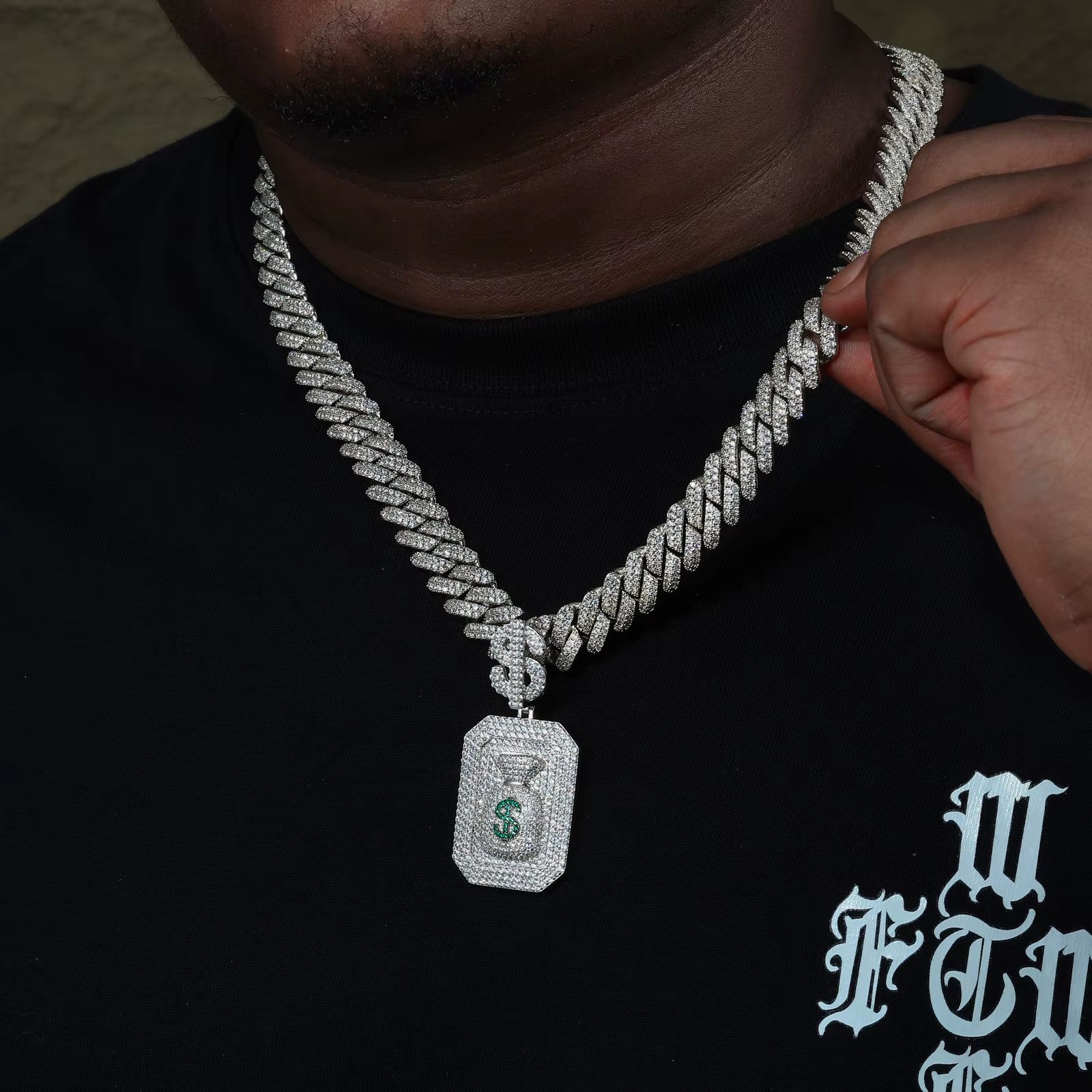 925 S Silver VVS Moissanite Money Bag Pendant Iced Out 14k White Gold Plated
