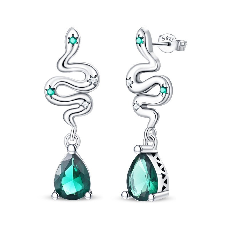 PANDACH Fashion Women 925 Sterling Silver Snake Stud Earrings with Green CZ Drop