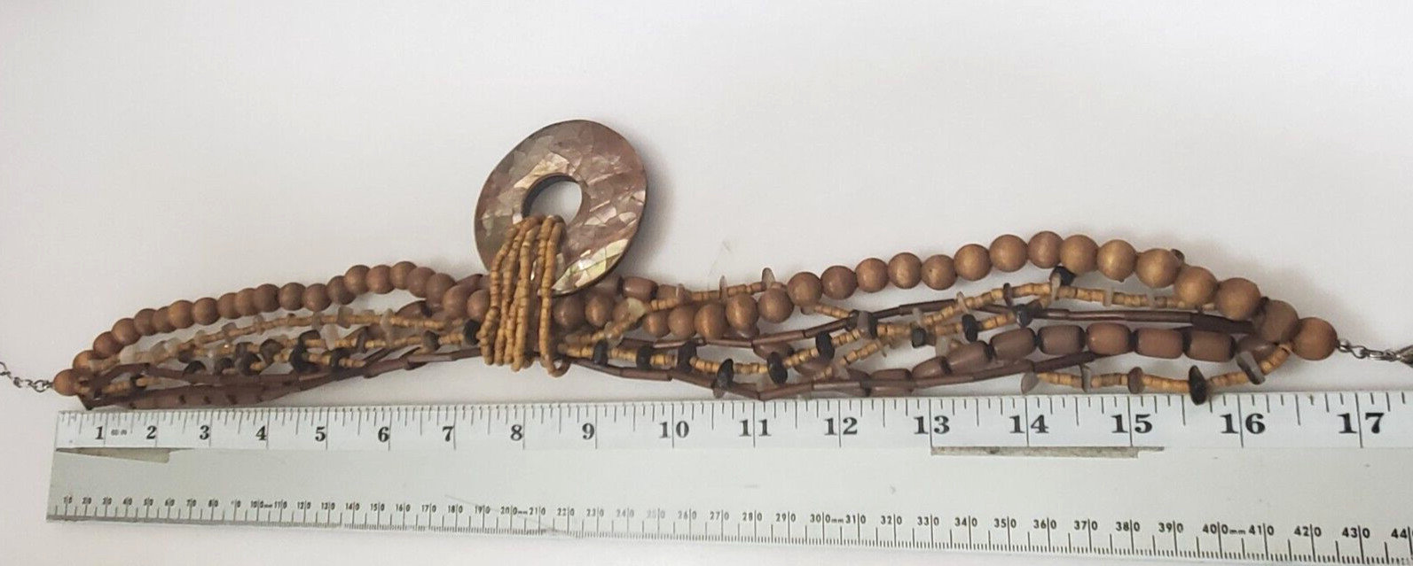 Necklace Statement Earth Tone Wood & Stone Beads Shell Mosaic Pendant 17″ to 21″