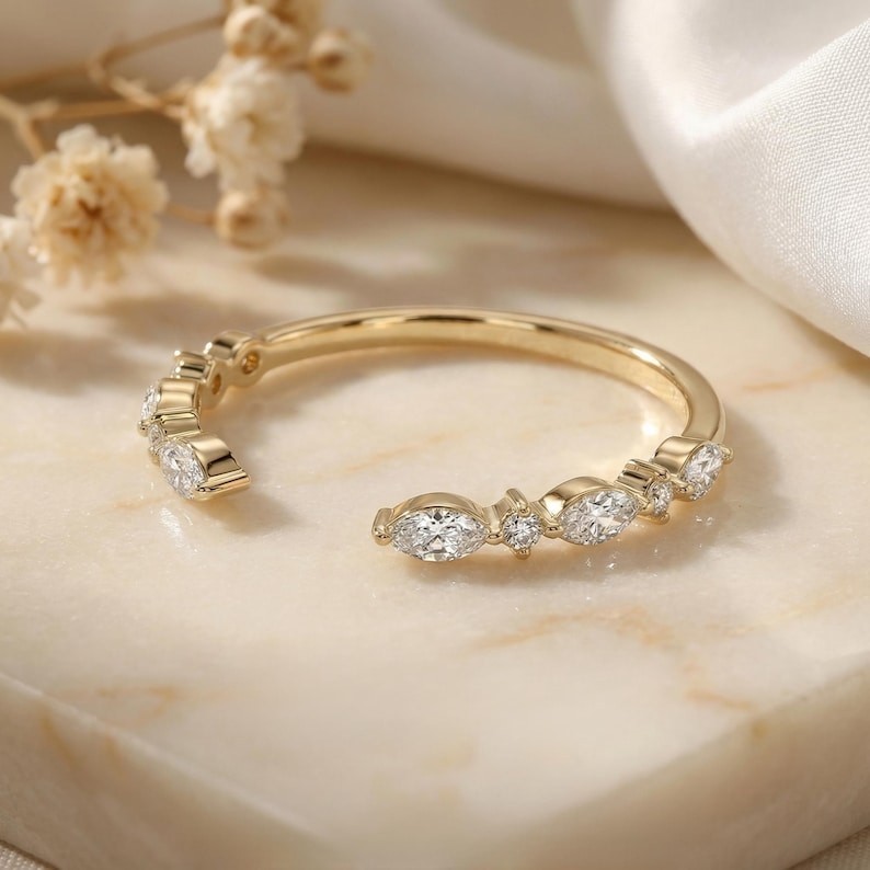 Marquise & Round Cut Moissanite 14K Gold Open Cuff Wedding Band, Gift For Her