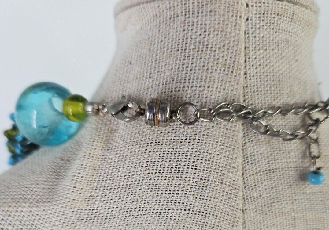 Vintage Woven Sparkly Blue Green Gold Seed Beaded Fashion Necklace 18 inch