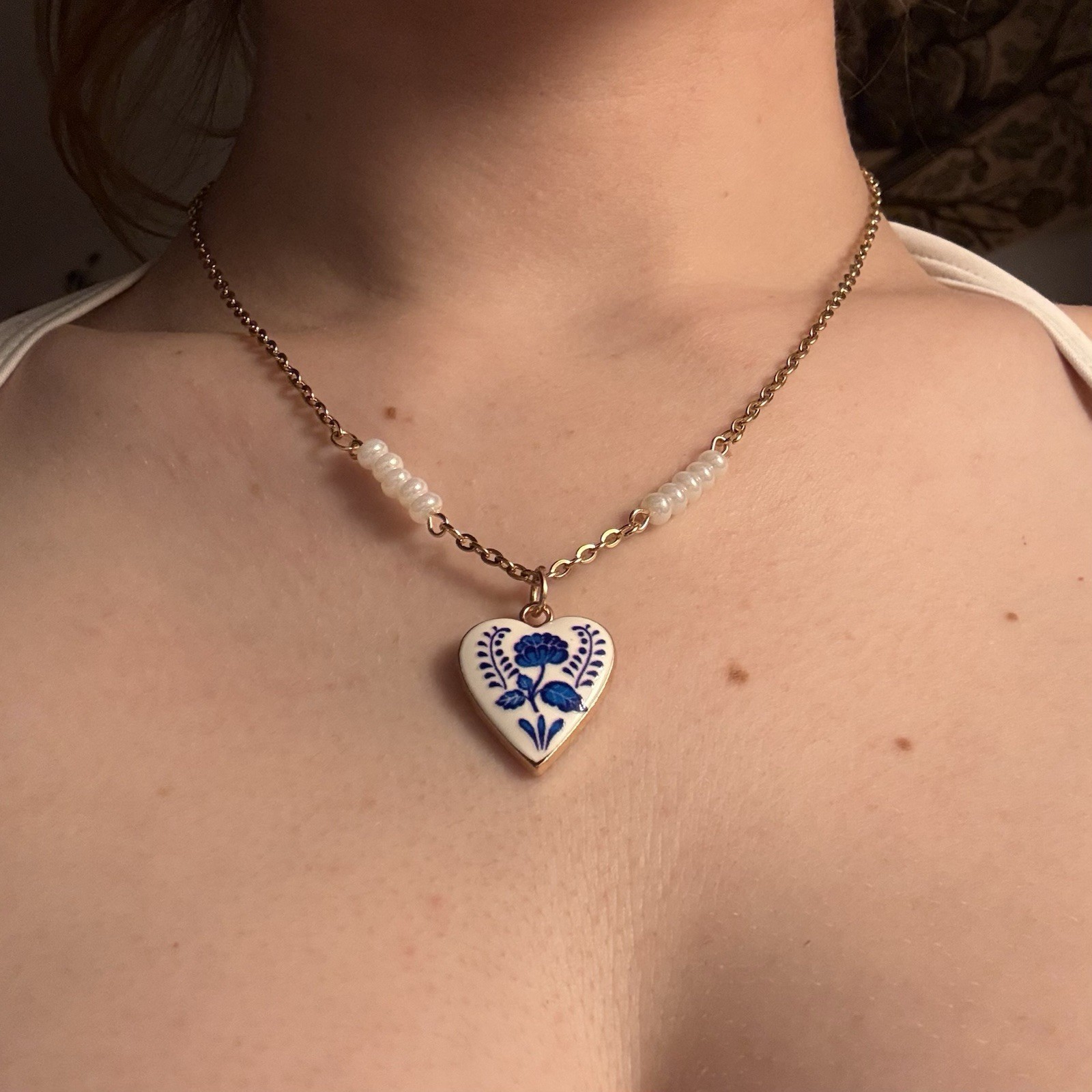 Stainless Steel Cable Chain Necklace, White Glass Beads, Blue Heart Charm, 16in