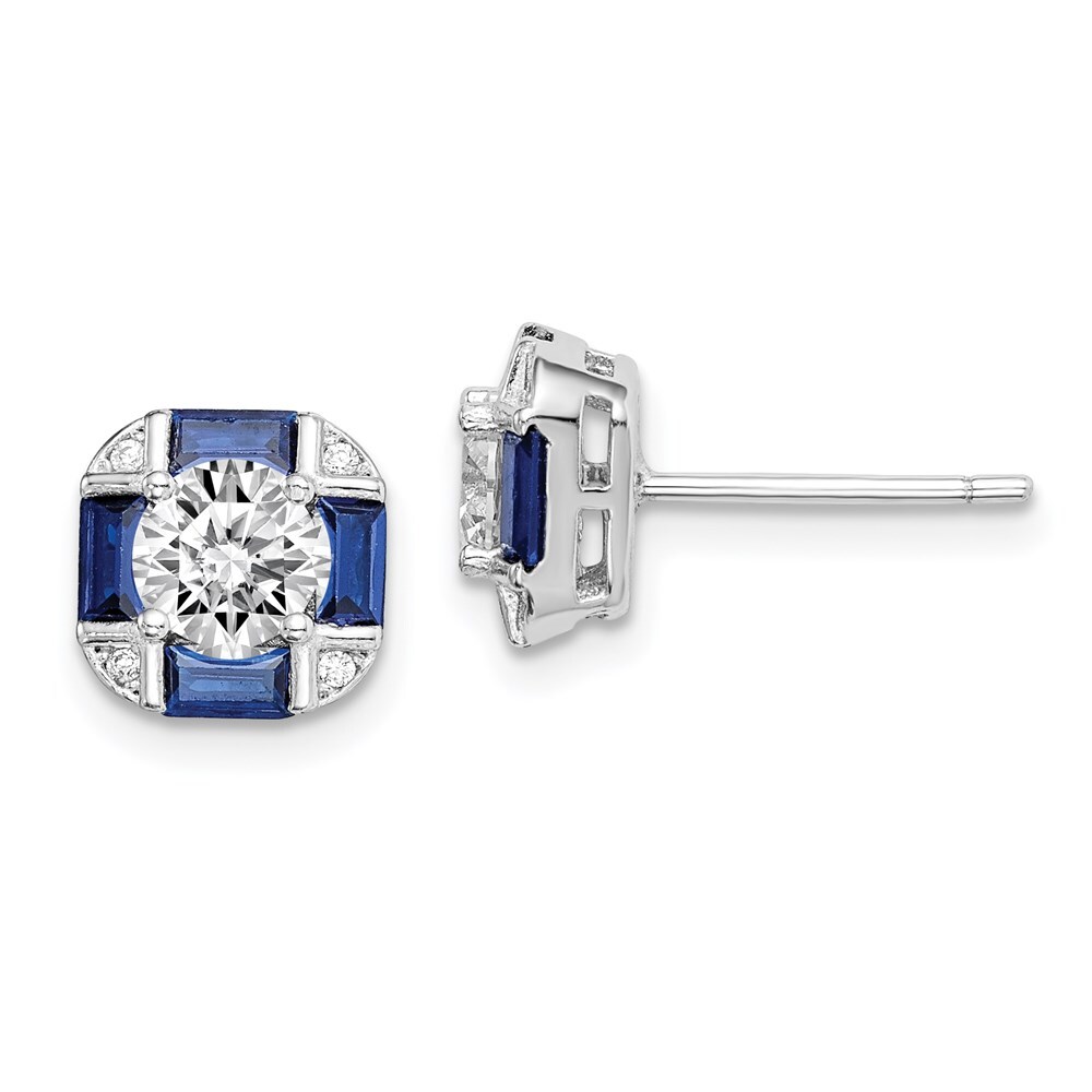 8.45mm Sterling Silver Rhodium-plated CZ and Lab-Created Blue Spinel Earrings