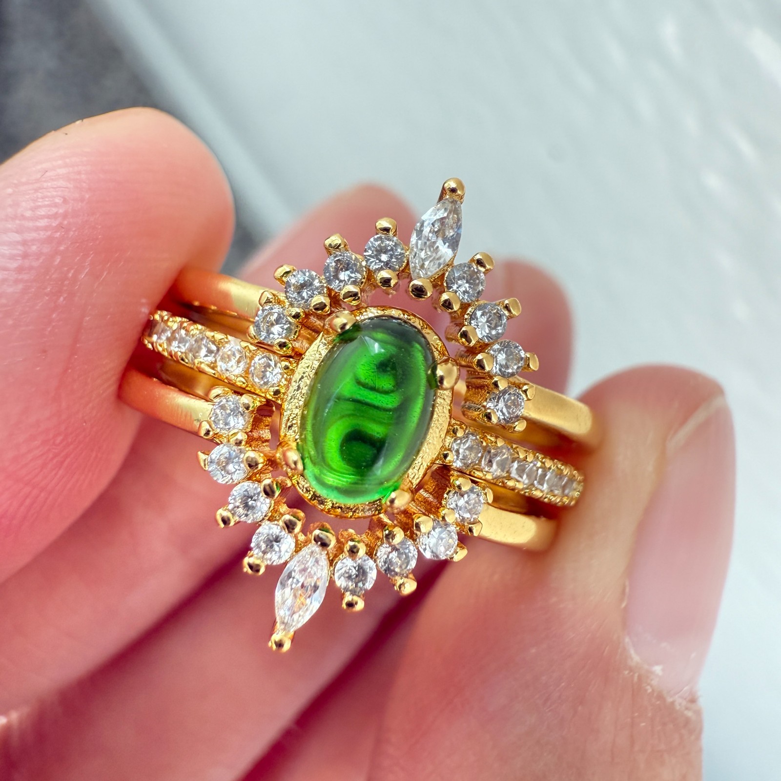 925 Sterling Silver Ring 3in1 6x4mm Green Natural Emerald Gemstone Zircon Flower