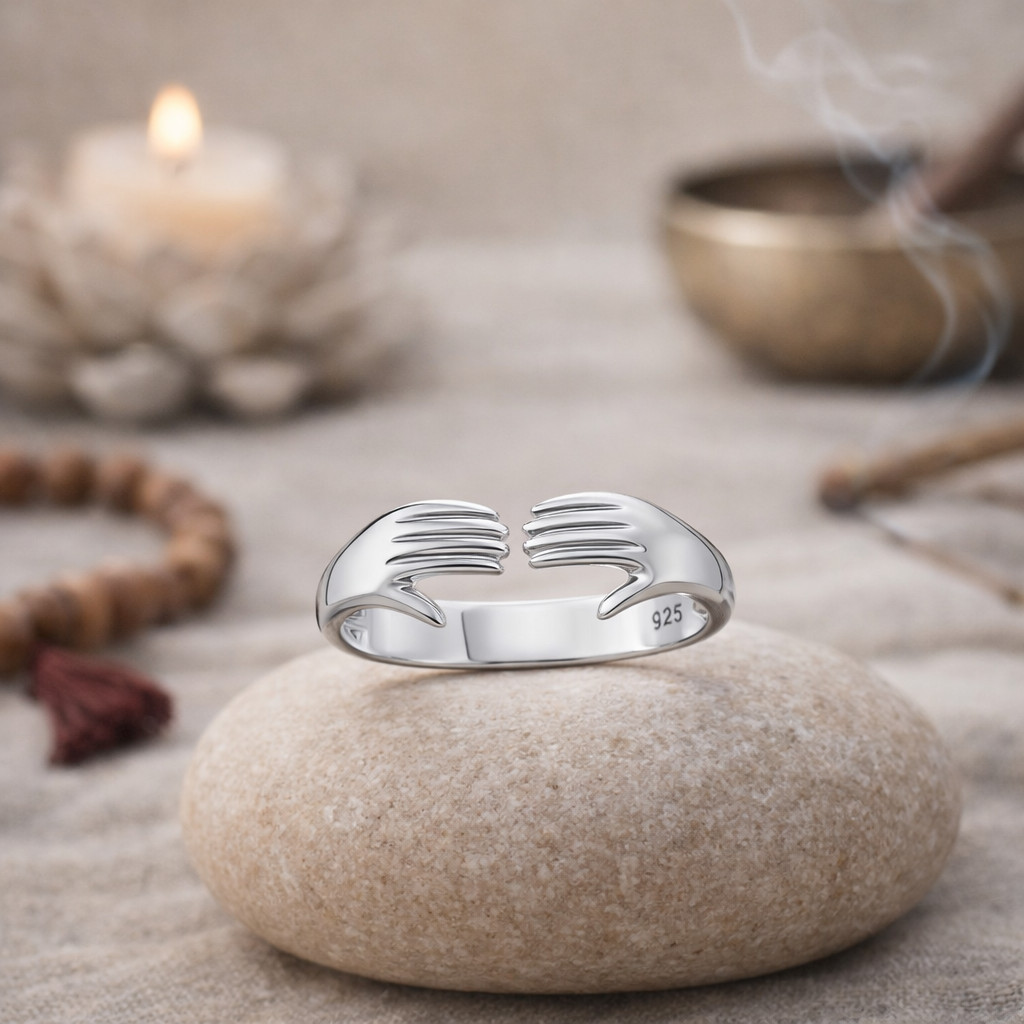 925 Sterling Silver Open Hands Ring | Adjustable Minimalist Statement Jewelry